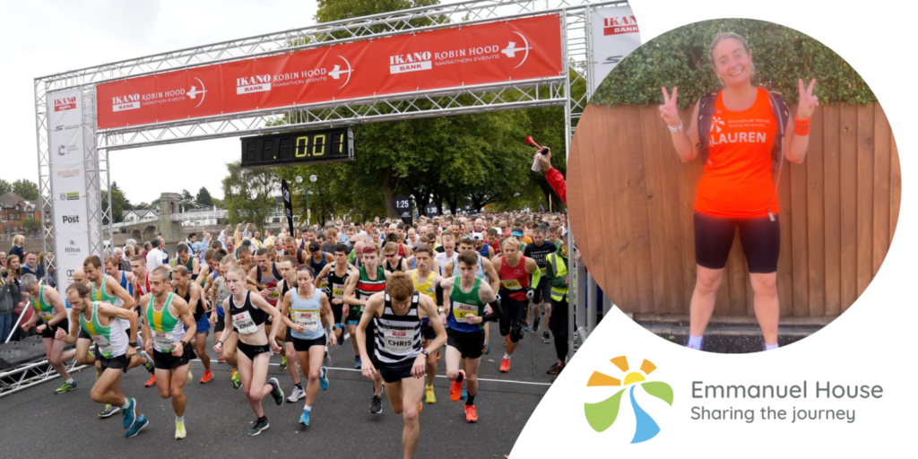 Image of runner crossing the start line, next to Lauren from Emmanuel House who ran the London Marathon