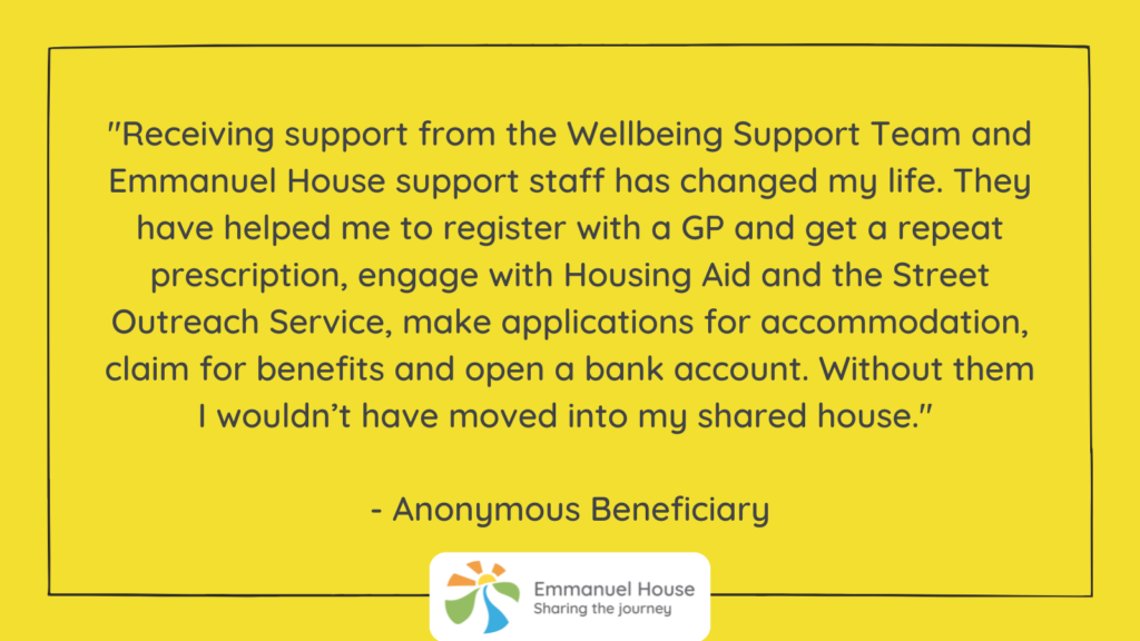 A quote about wellbeing and Mental Health Support for homeless people