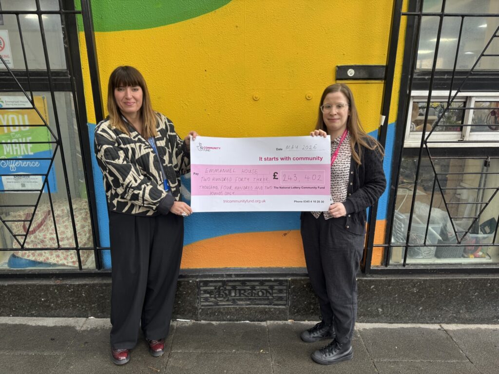 The National Lottery present cheque to Emmanuel House. Isabella Harriss, CEO at Emmanuel House and Eleanor Kaufman, Grants Officer at The National Lottery