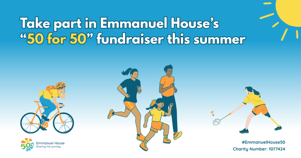 Take part in Emmanuel House's "50 for 50" fundraiser this summer. Graphics show people doing a range of sports